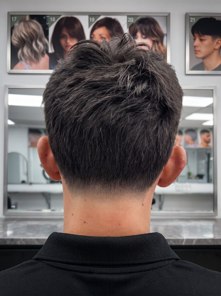 Precision taper cut — back view at Tom's Barber